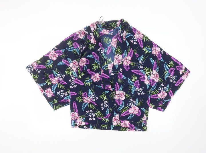 New Look Womens Blue V-Neck Floral Polyester Cardigan Jumper Size 12