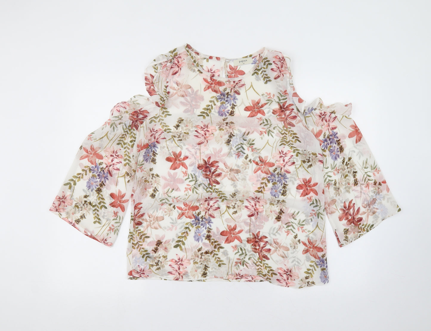 Matalan Womens White Floral Polyester Basic Blouse Size 12 Round Neck