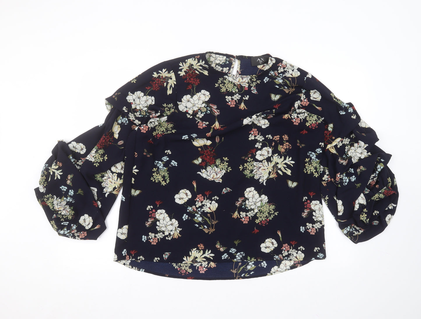 AX Paris Womens Blue Floral Polyester Basic Blouse Size 12 Round Neck