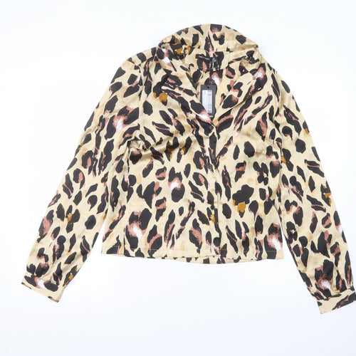 I SAW IT FIRST Womens Beige Animal Print Polyester Basic Button-Up Size 10 Collared