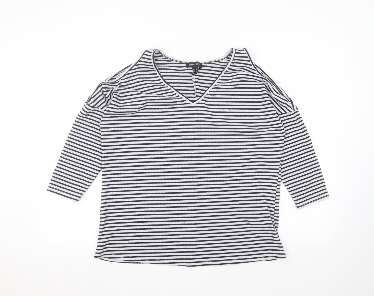 New Look Womens White Striped Polyester Basic T-Shirt Size 12 Round Neck