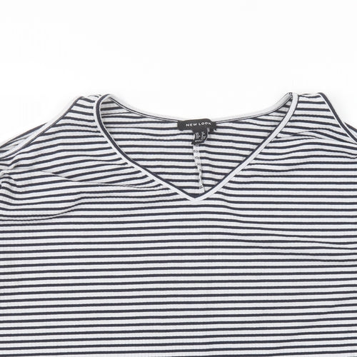 New Look Womens White Striped Polyester Basic T-Shirt Size 12 Round Neck