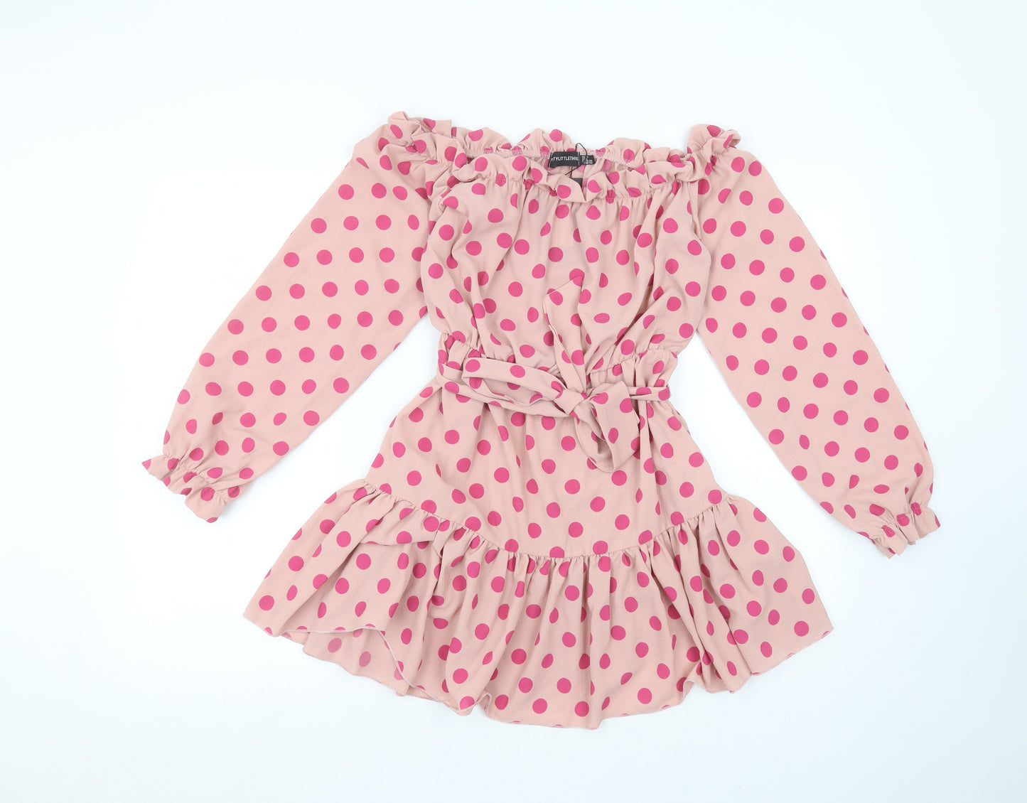 PRETTYLITTLETHING Womens Pink Polka Dot Polyester A-Line  Size 10 Round Neck