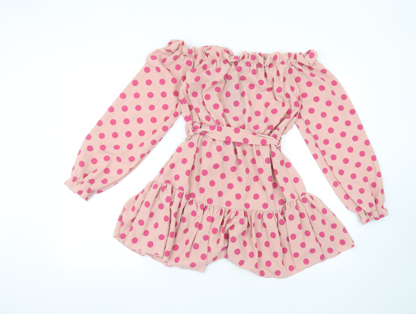 PRETTYLITTLETHING Womens Pink Polka Dot Polyester A-Line  Size 10 Round Neck