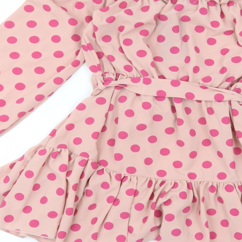 PRETTYLITTLETHING Womens Pink Polka Dot Polyester A-Line  Size 10 Round Neck