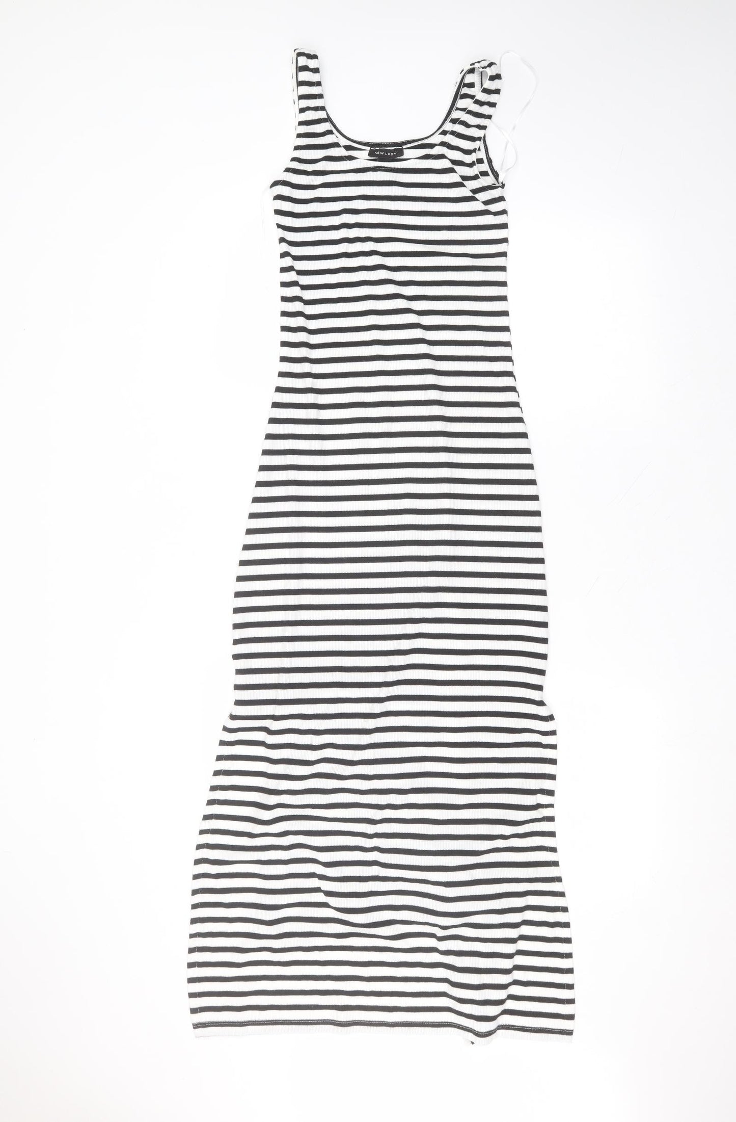 New Look Womens White Striped Polyester A-Line  Size 8 Round Neck
