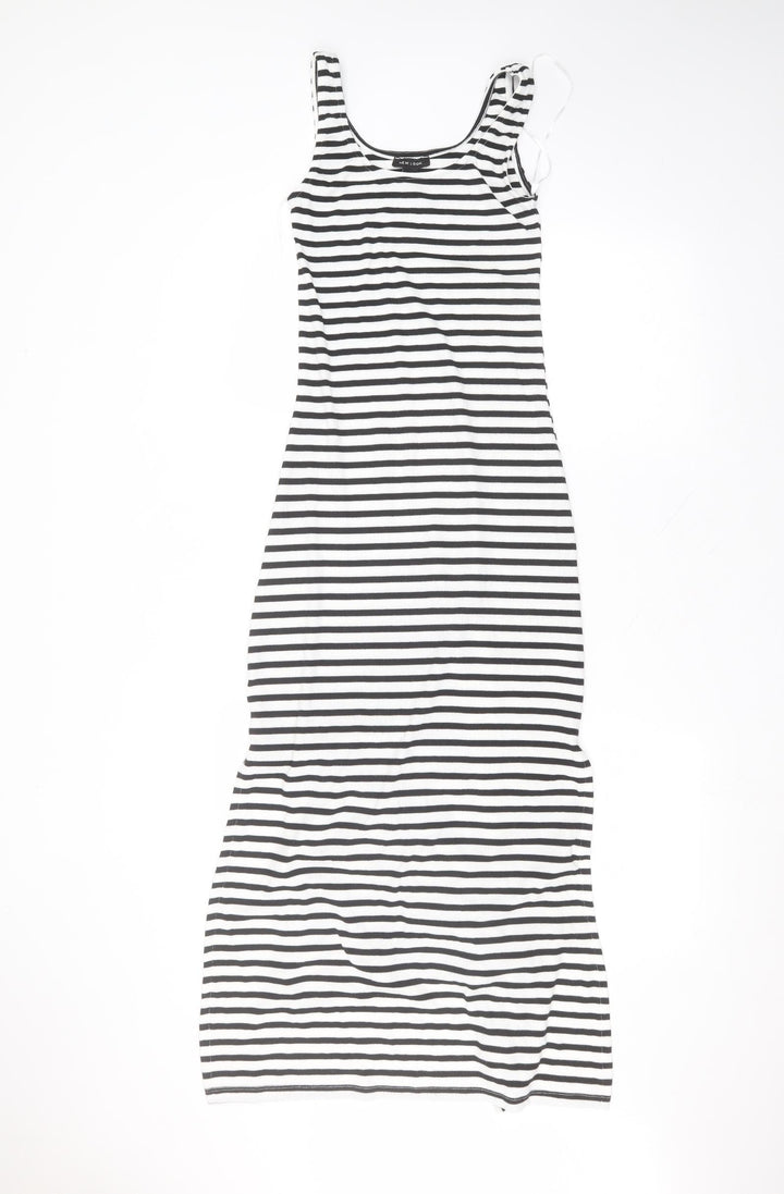 New Look Womens White Striped Polyester A-Line  Size 8 Round Neck