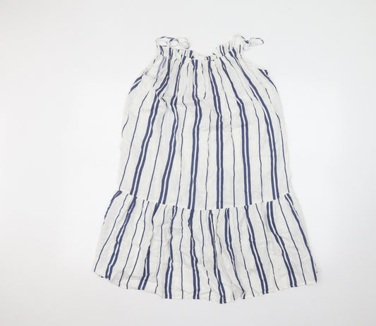 Front view of H&M women’s white striped viscose a-line, size UK 8, off the shoulder