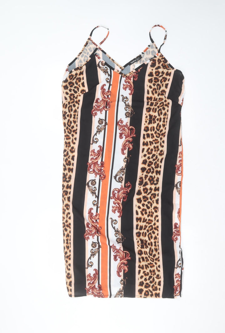 Boohoo Womens Black Animal Print Polyester A-Line  Size 12 V-Neck