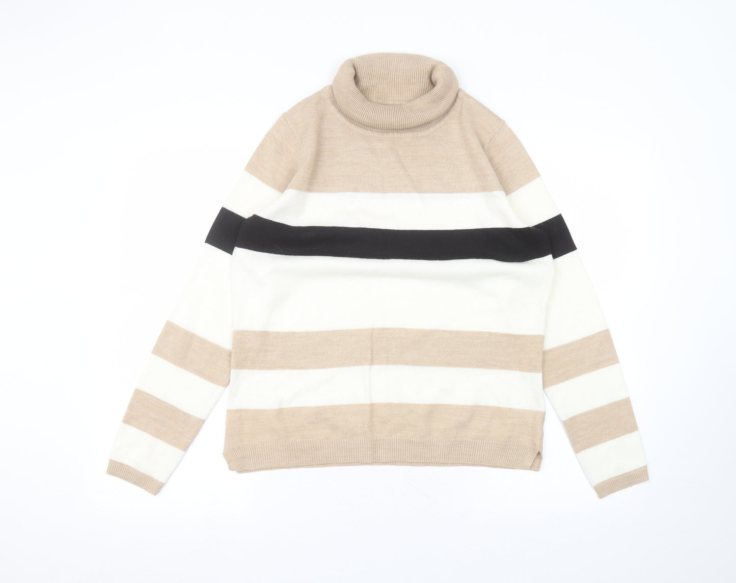 Matalan Womens White Striped Acrylic Basic T-Shirt Size 14 Roll Neck