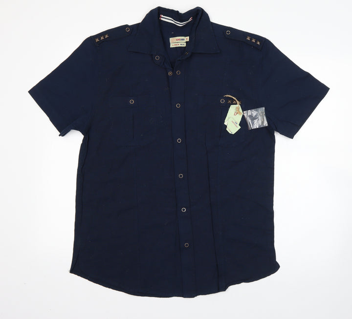 Duke Linen Mens Blue Cotton Button-Up Size M Collared