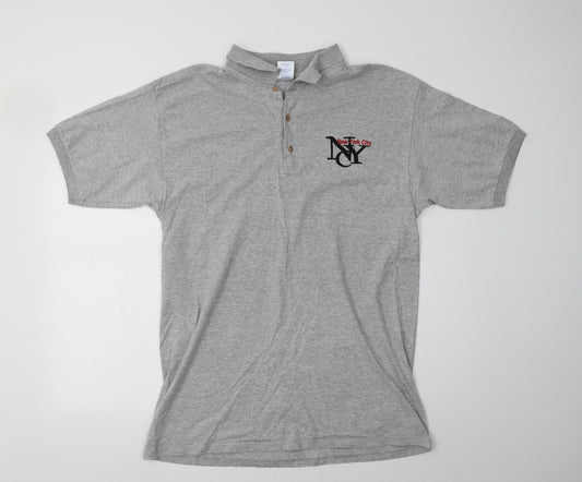 Front view of Gildan men’s grey cotton polo, size L, collared - nyc