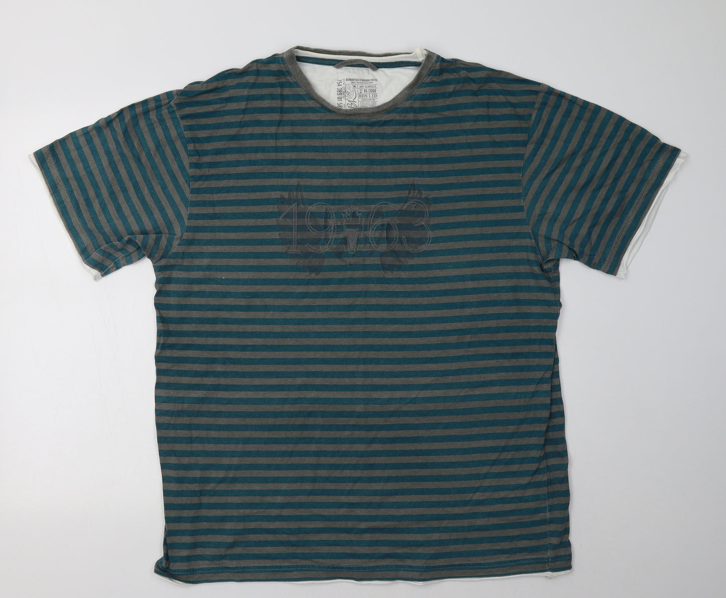 BHS Mens Green Striped Cotton  T-Shirt Size L Crew Neck