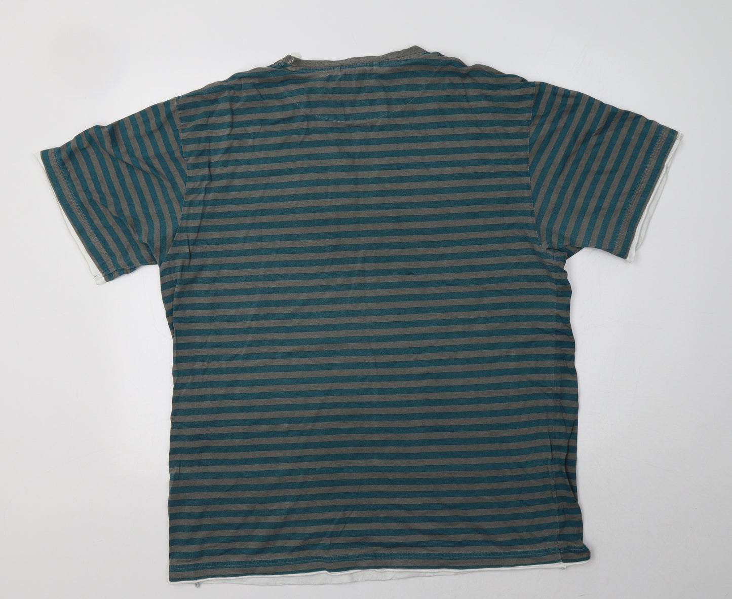 BHS Mens Green Striped Cotton  T-Shirt Size L Crew Neck