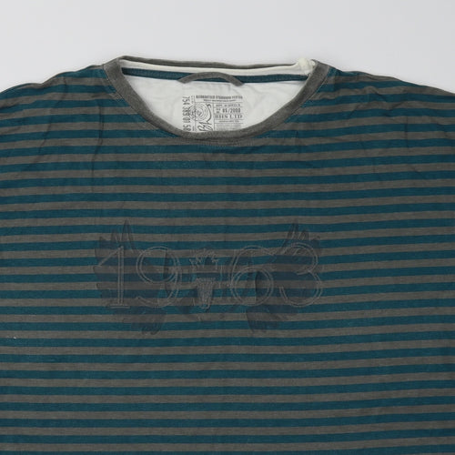 BHS Mens Green Striped Cotton  T-Shirt Size L Crew Neck