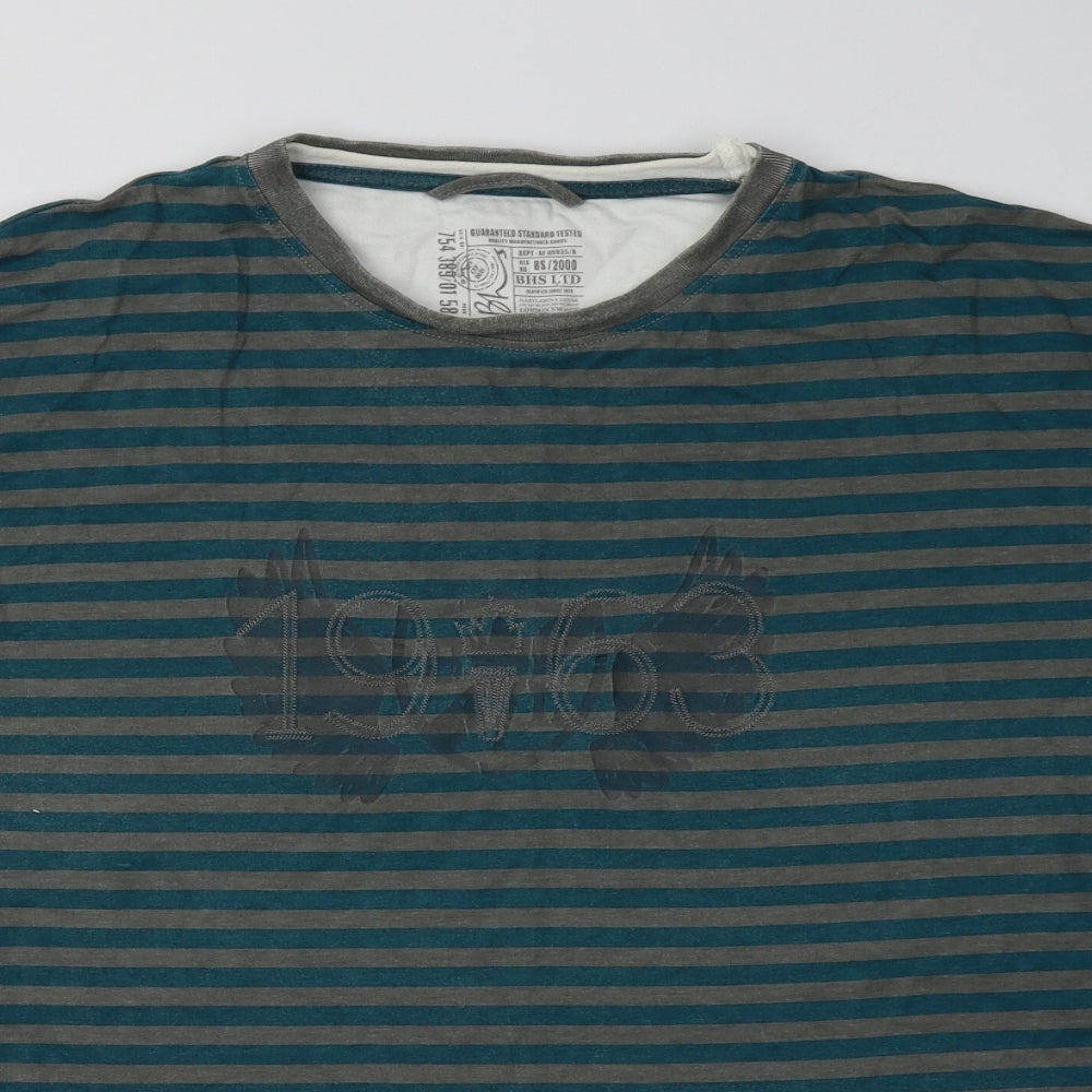 BHS Mens Green Striped Cotton  T-Shirt Size L Crew Neck