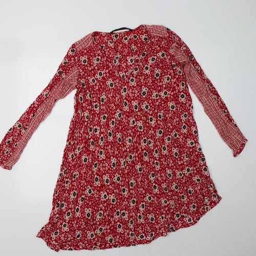 Zara Womens Red Floral  A-Line  Size S V-Neck