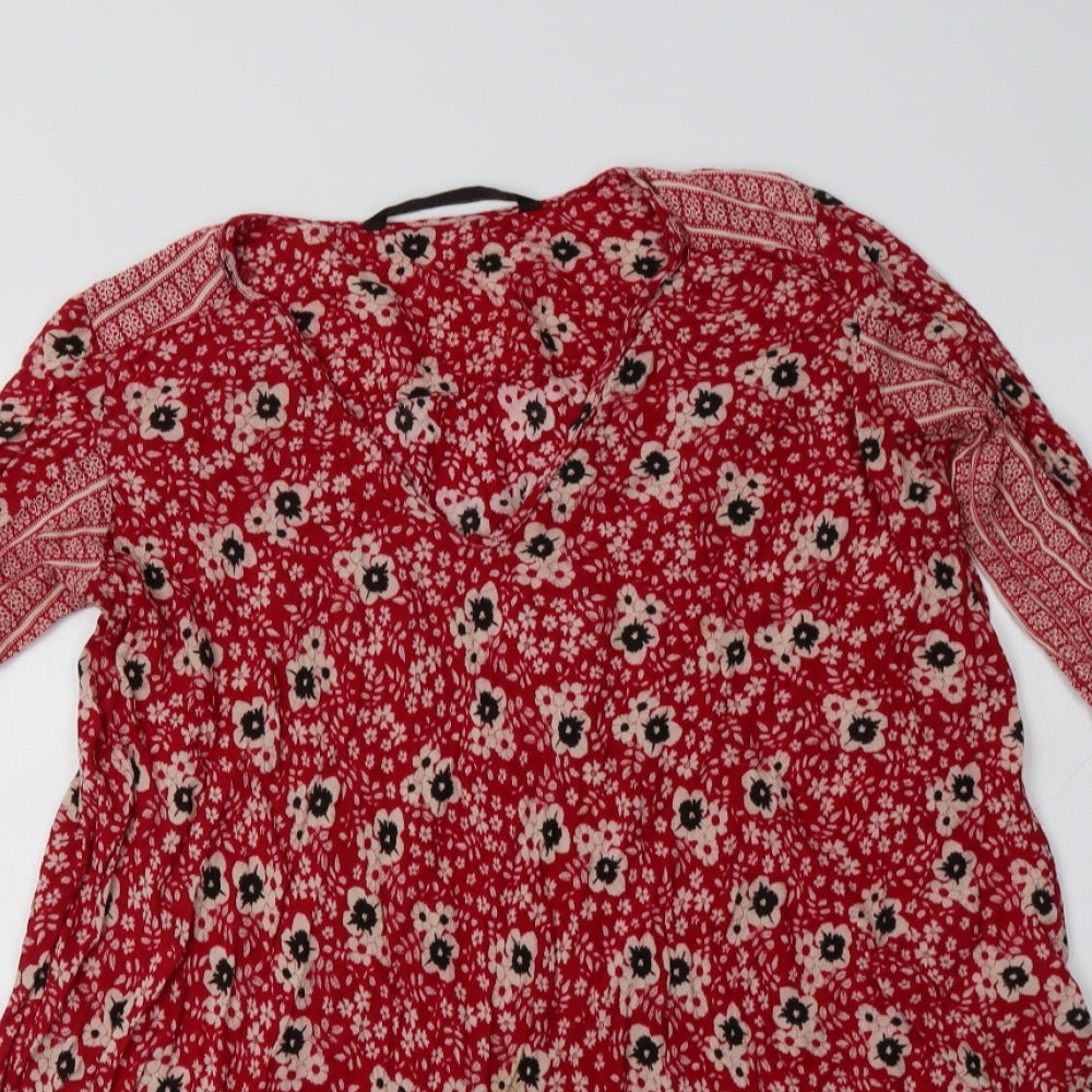 Zara Womens Red Floral  A-Line  Size S V-Neck