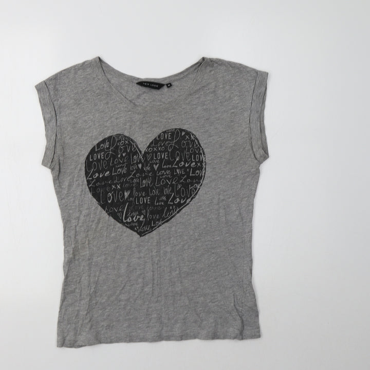 New Look Womens Grey  Cotton Basic T-Shirt Size 10 Crew Neck - Heart