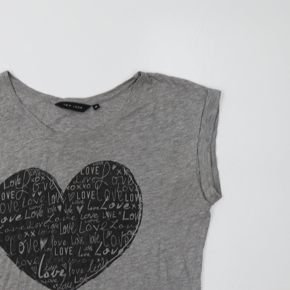 New Look Womens Grey  Cotton Basic T-Shirt Size 10 Crew Neck - Heart