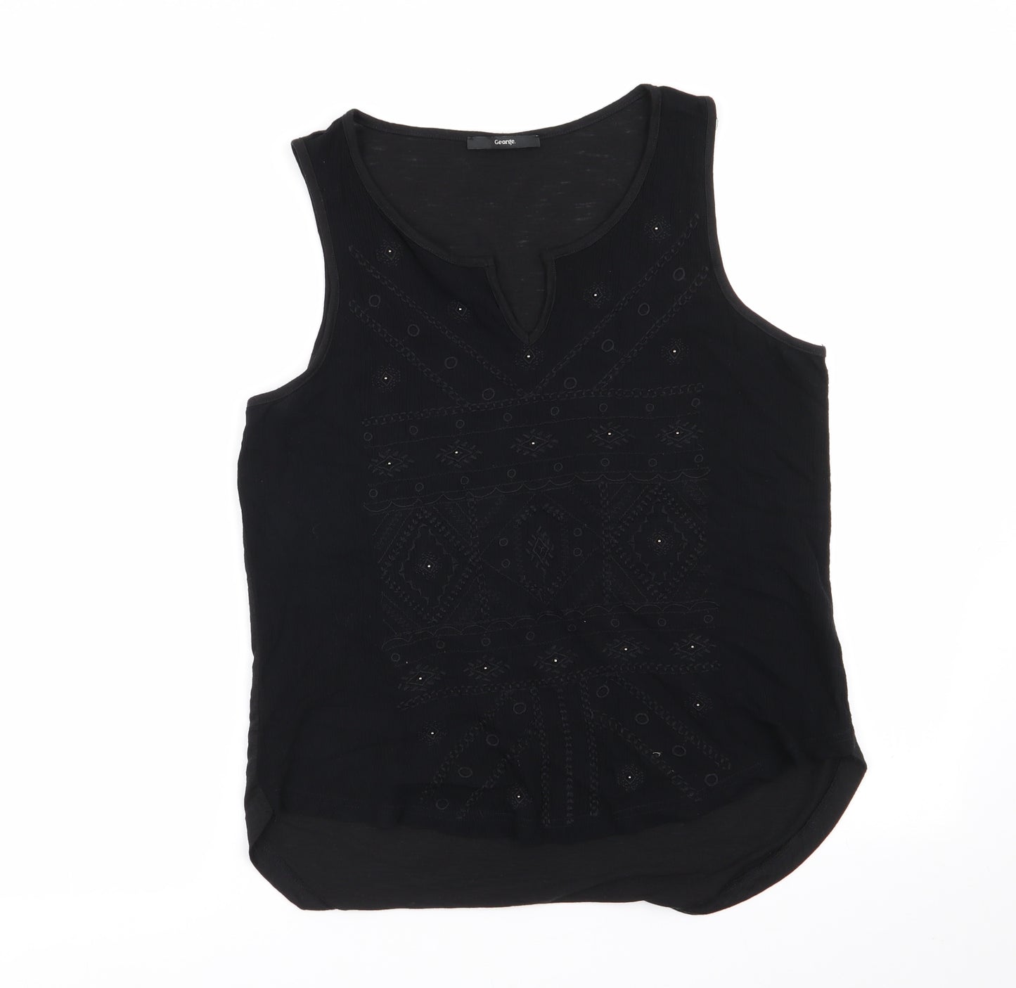 George Womens Black Geometric Viscose Basic Blouse Size 12 Round Neck - Embroidered Front