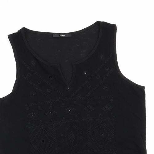 George Womens Black Geometric Viscose Basic Blouse Size 12 Round Neck - Embroidered Front