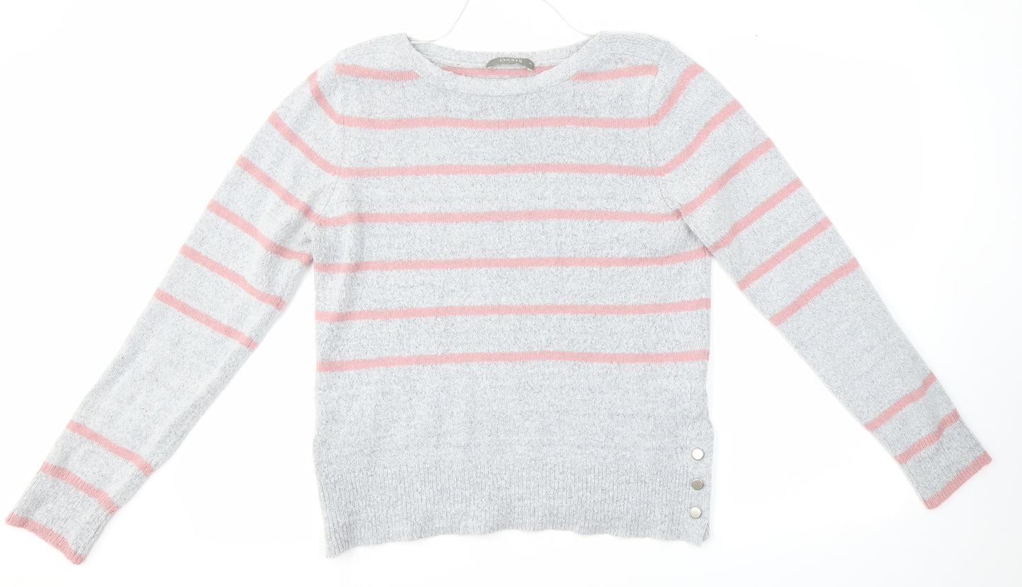 Oasis Womens Grey Round Neck Striped Acrylic Pullover Jumper Size M