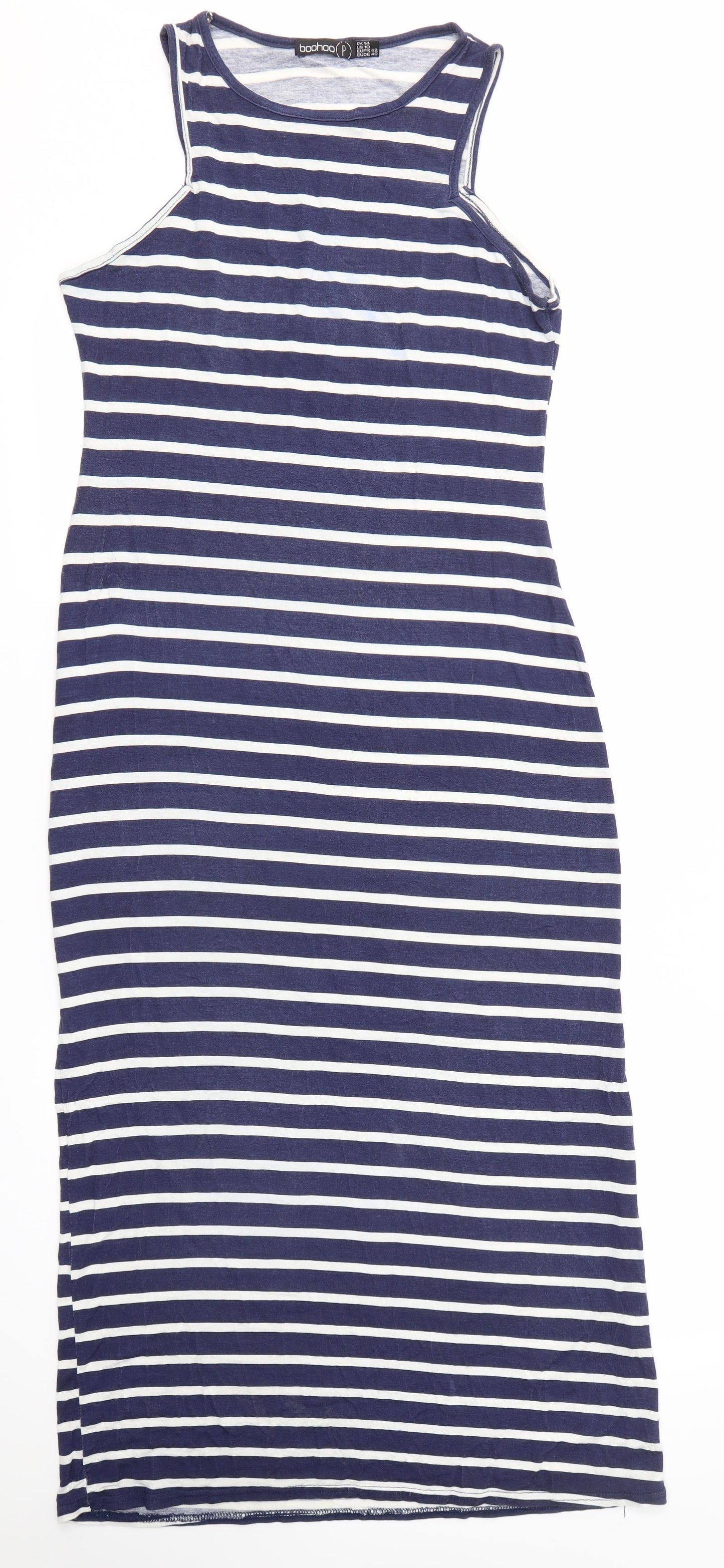 Boohoo Womens Blue Striped Viscose Maxi  Size 14 Round Neck