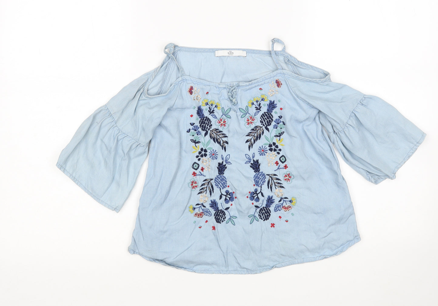 M&S Girls Blue Floral Lyocell Basic Blouse Size 6-7 Years Round Neck