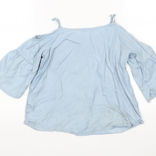 M&S Girls Blue Floral Lyocell Basic Blouse Size 6-7 Years Round Neck