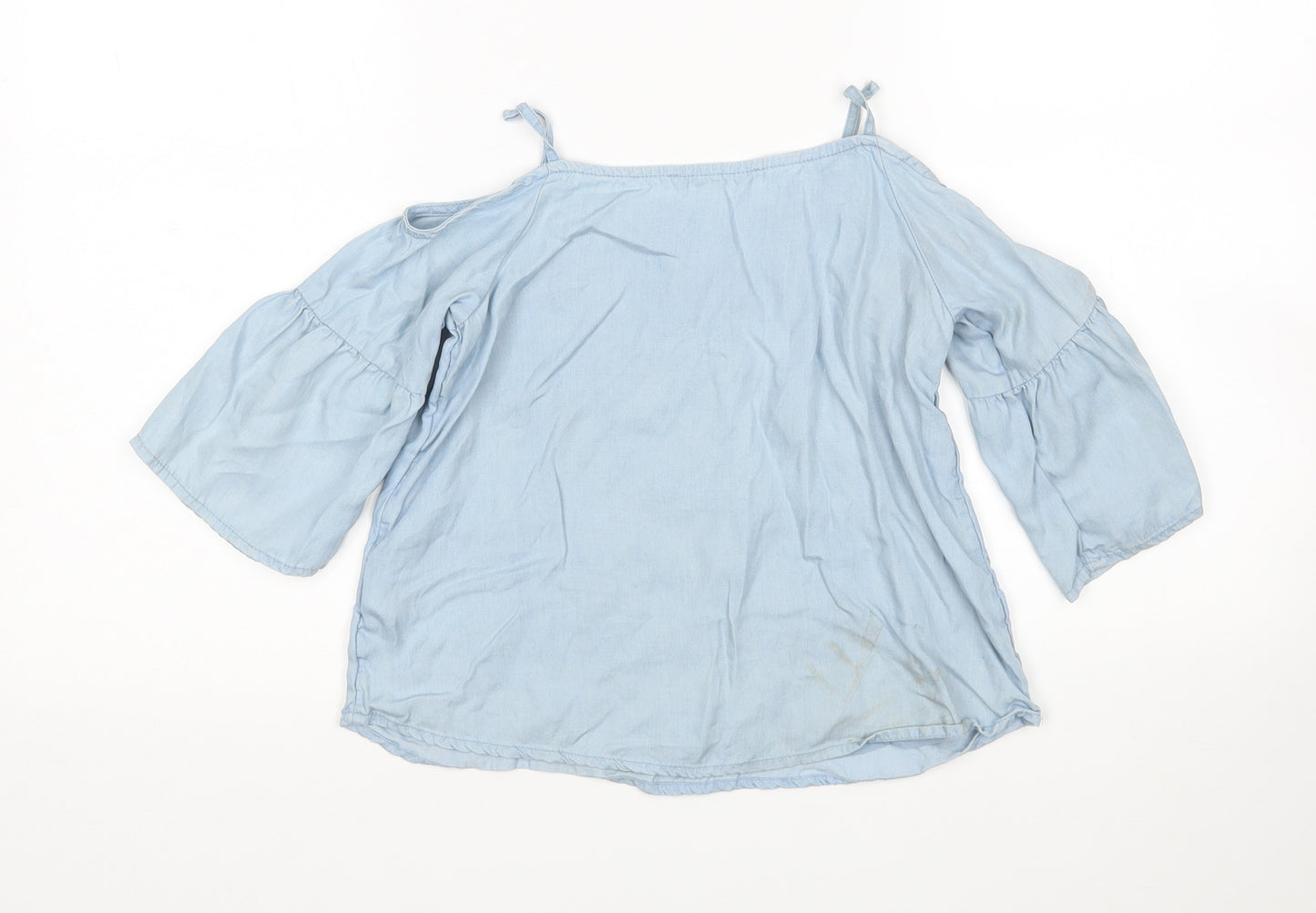 M&S Girls Blue Floral Lyocell Basic Blouse Size 6-7 Years Round Neck