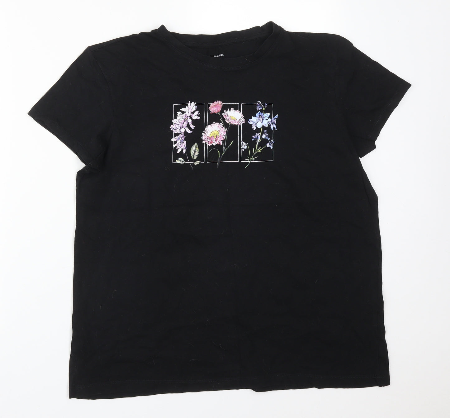 Primark Womens Black  Cotton Basic T-Shirt Size L Round Neck - FLOWERS FRAME