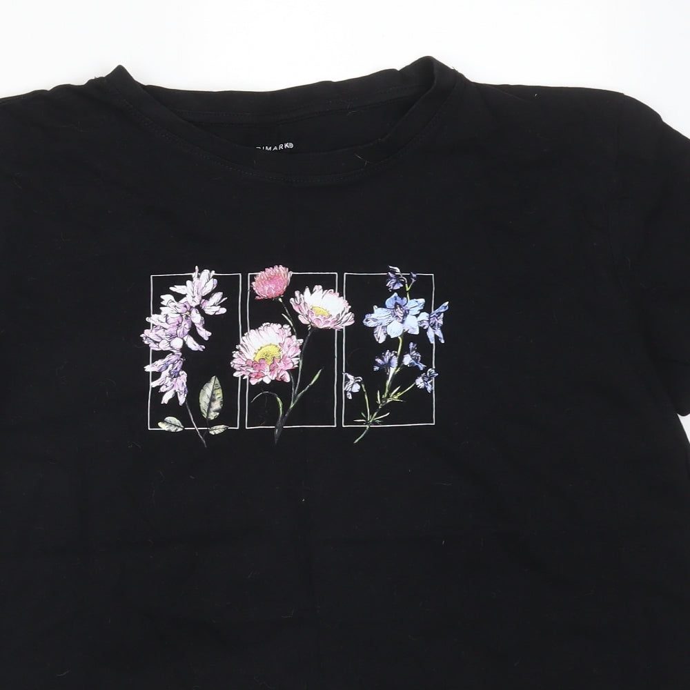 Primark Womens Black  Cotton Basic T-Shirt Size L Round Neck - FLOWERS FRAME
