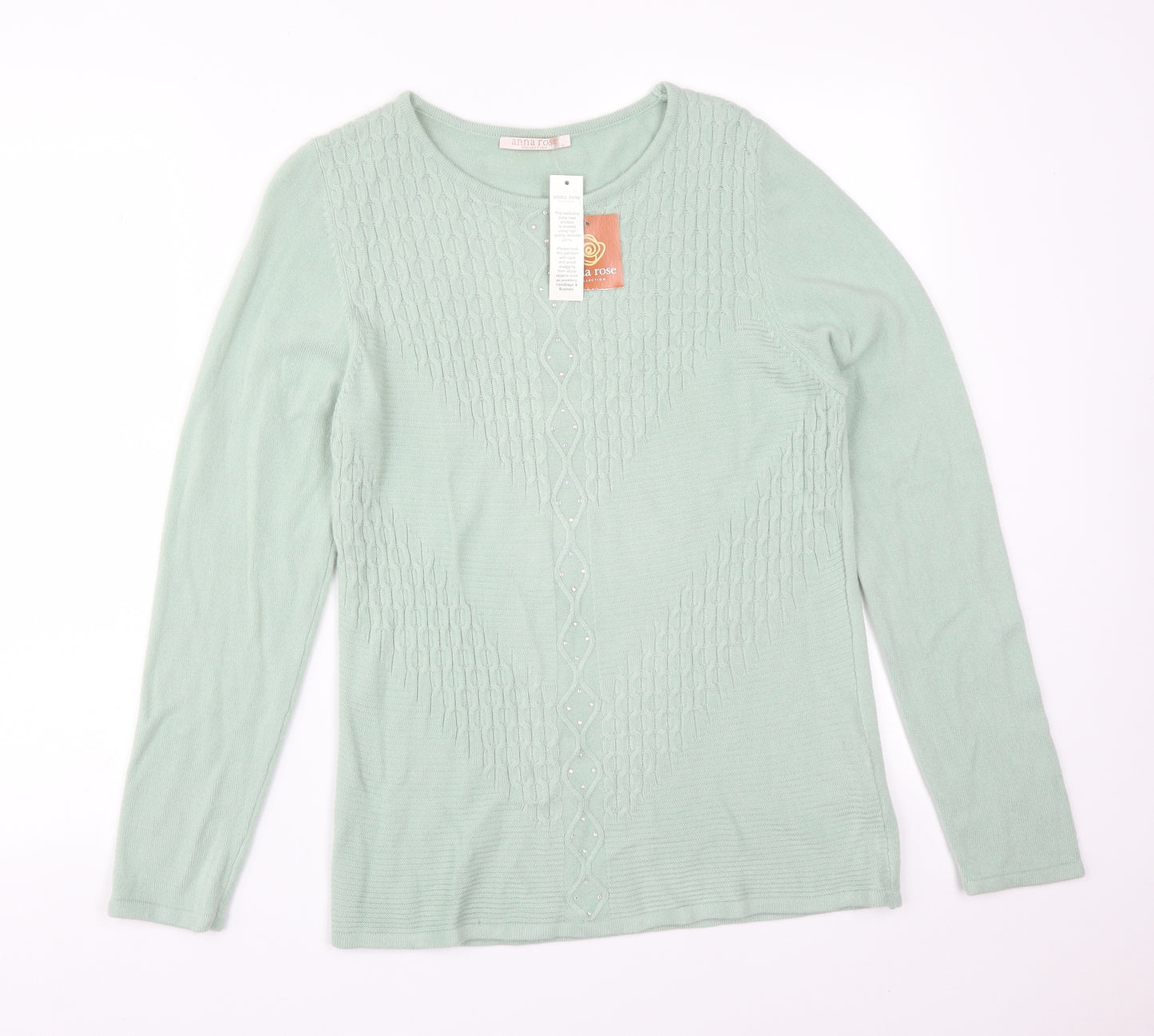 ANNA ROSE Womens Green Geometric Acrylic Basic T-Shirt Size L Round Neck