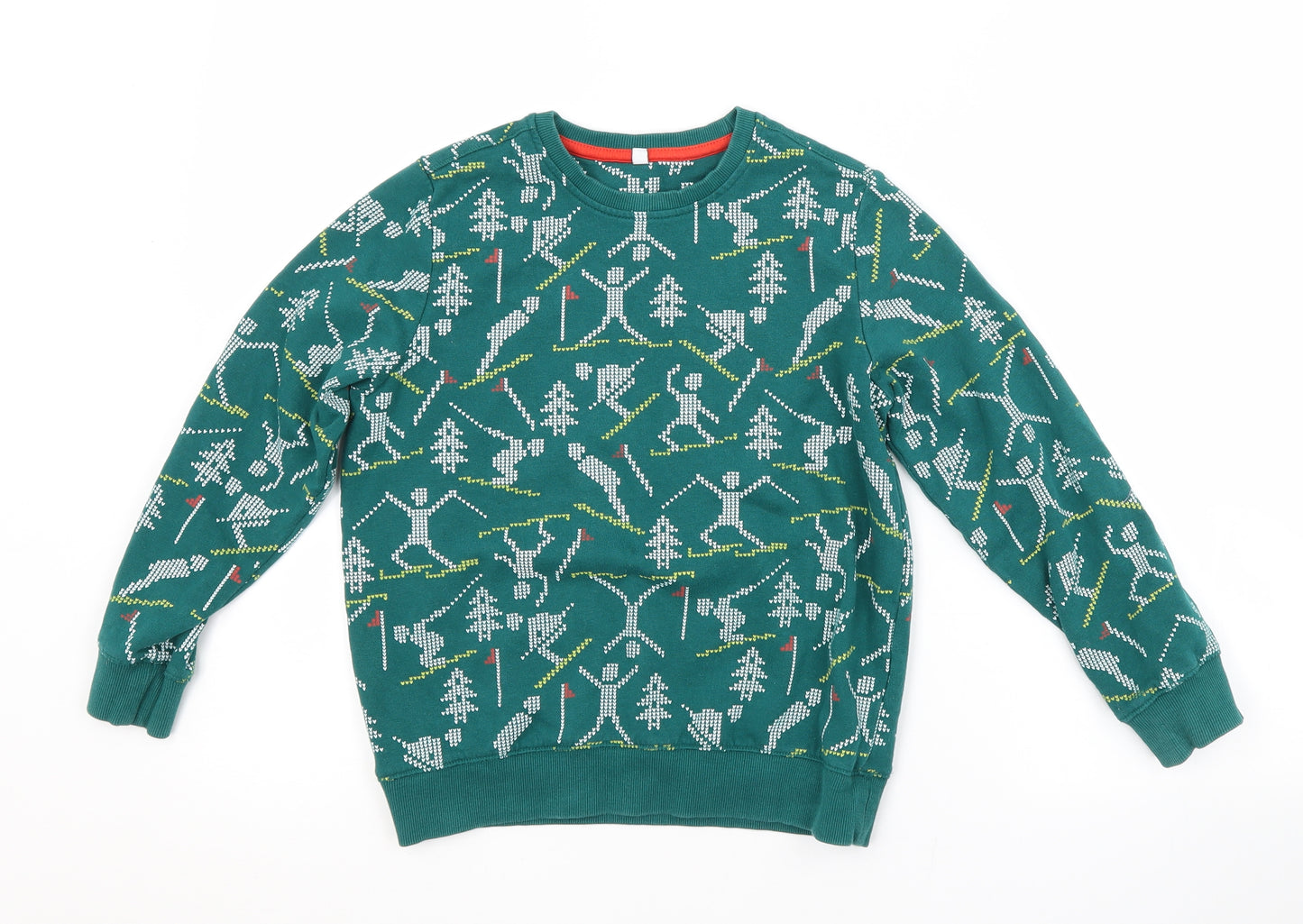 M&S Boys Green Crew Neck Geometric Cotton Pullover Jumper Size 7-8 Years
