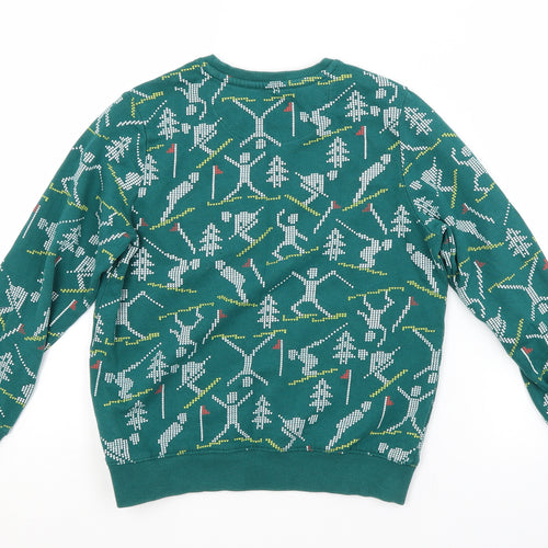 M&S Boys Green Crew Neck Geometric Cotton Pullover Jumper Size 7-8 Years