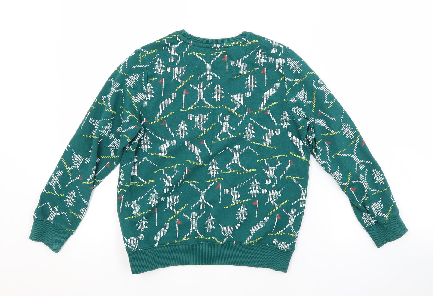 M&S Boys Green Crew Neck Geometric Cotton Pullover Jumper Size 7-8 Years