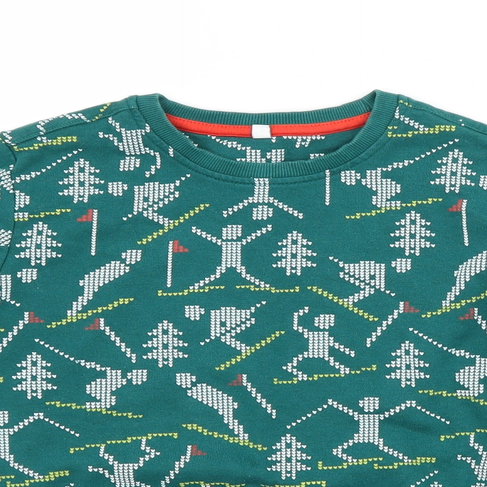 M&S Boys Green Crew Neck Geometric Cotton Pullover Jumper Size 7-8 Years