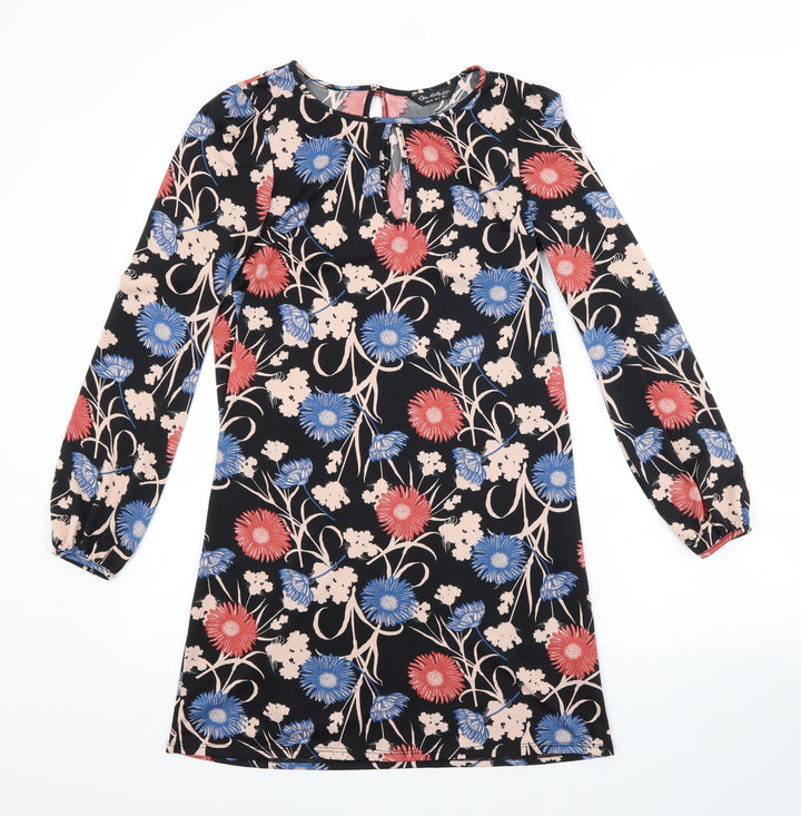 Miss Selfridge Womens Black Floral Polyester A-Line Size 6 Scoop Neck