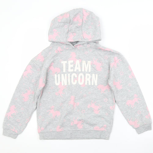Primark Girls Grey Animal Print Cotton Pullover Hoodie Size 9-10 Years   - UNICORN