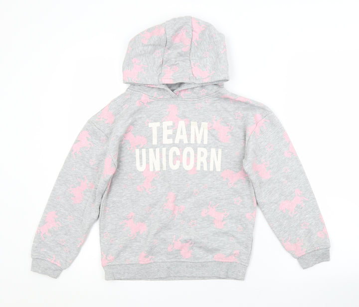Primark Girls Grey Animal Print Cotton Pullover Hoodie Size 9-10 Years   - UNICORN