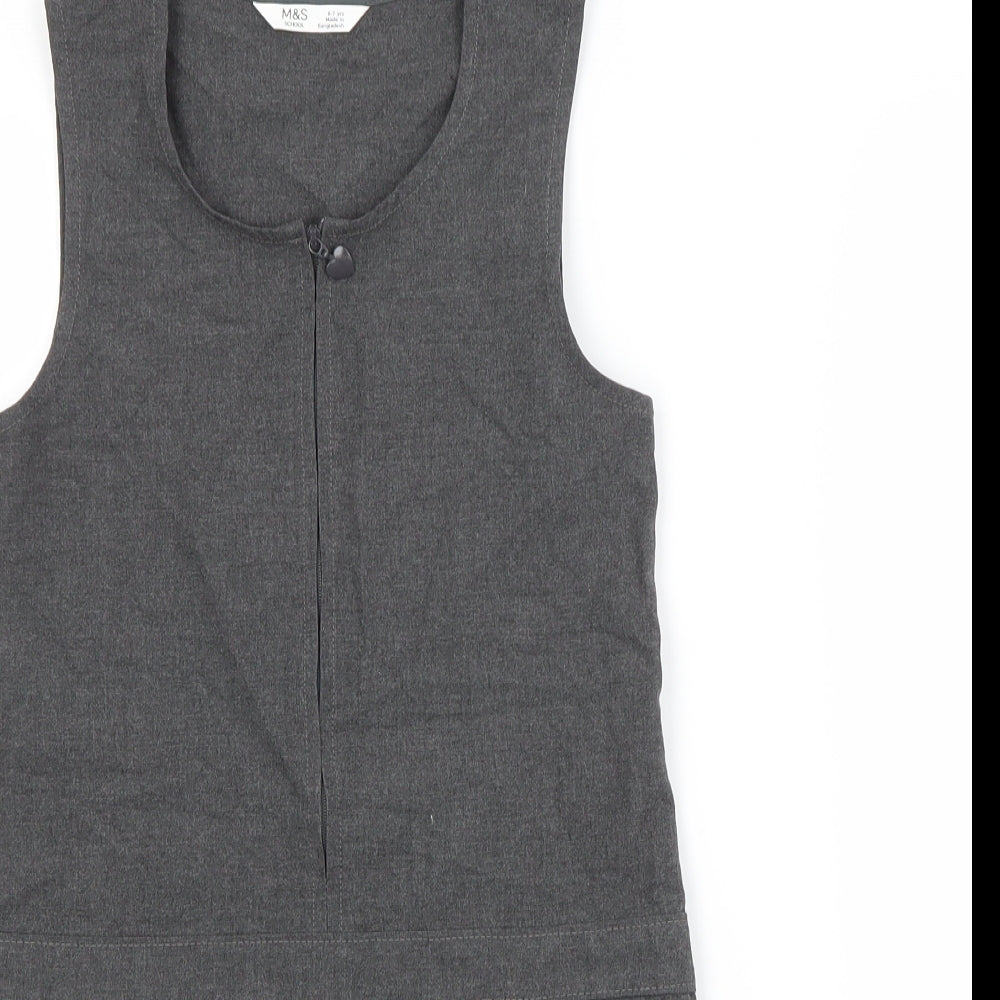M&S Girls Grey  Polyester Pinafore/Dungaree Dress  Size 6-7 Years Scoop Neck  - SCHOOL DRESS