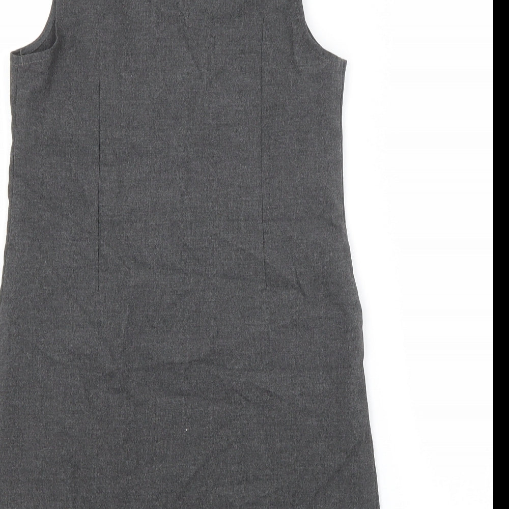 M&S Girls Grey  Polyester Pinafore/Dungaree Dress  Size 6-7 Years Scoop Neck  - SCHOOL DRESS