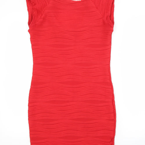 Preworn Womens Red  Polyester Pencil Dress   Scoop Neck