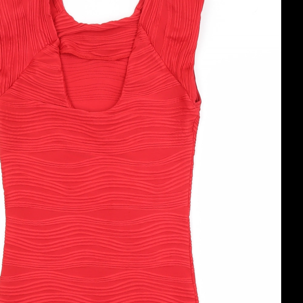 Preworn Womens Red  Polyester Pencil Dress   Scoop Neck
