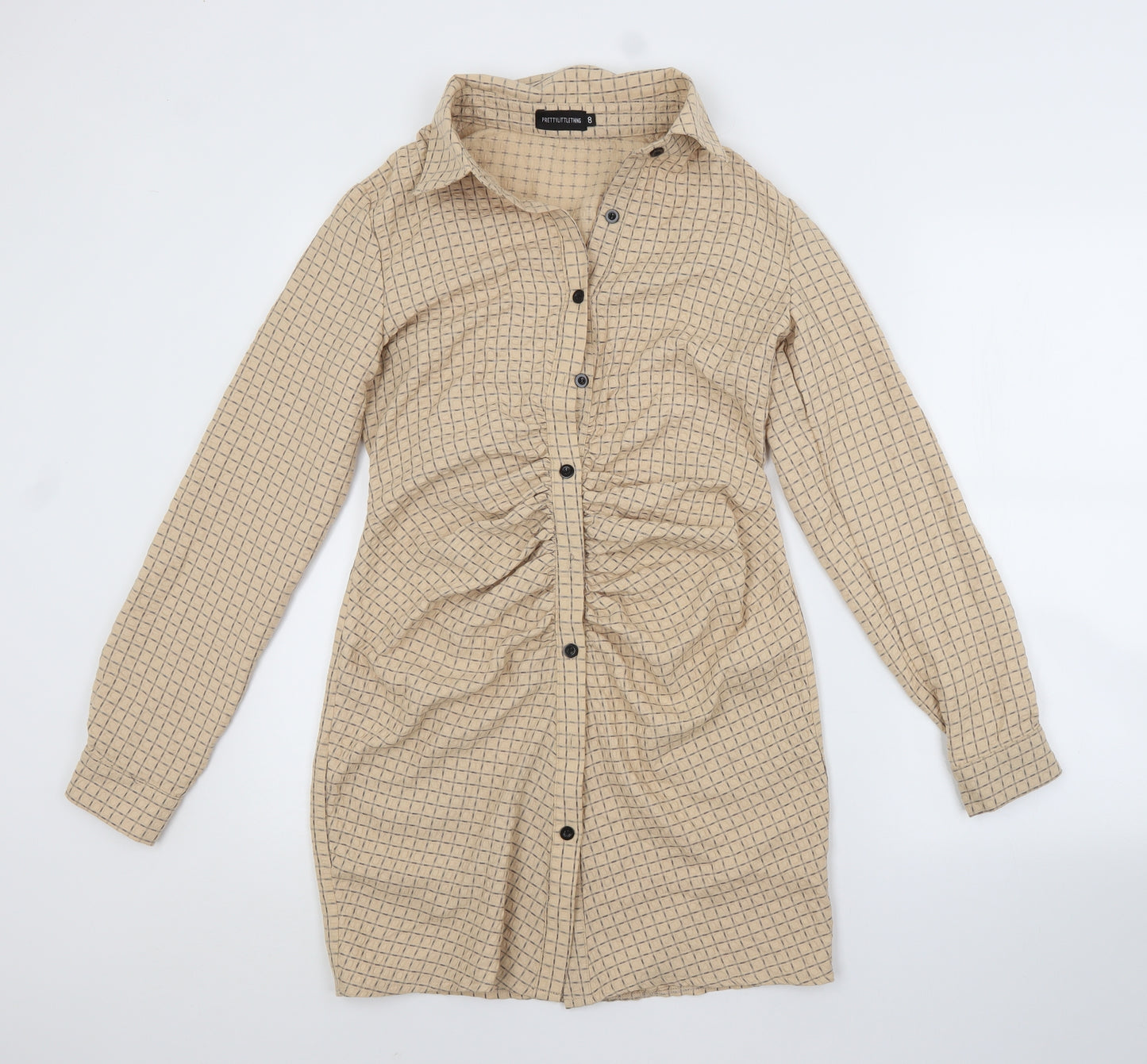 PRETTYLITTLETHING Womens Beige Check Polyester Shirt Dress  Size 8 Collared