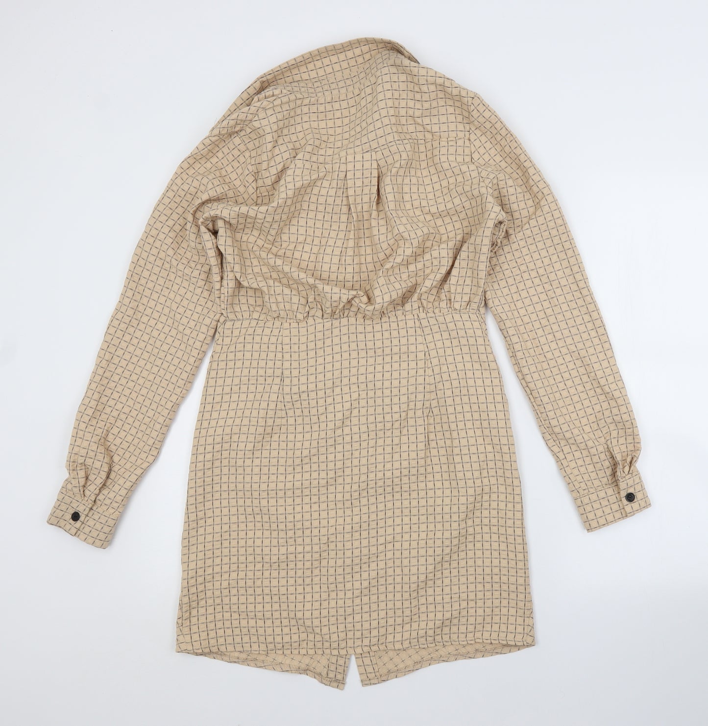 PRETTYLITTLETHING Womens Beige Check Polyester Shirt Dress  Size 8 Collared