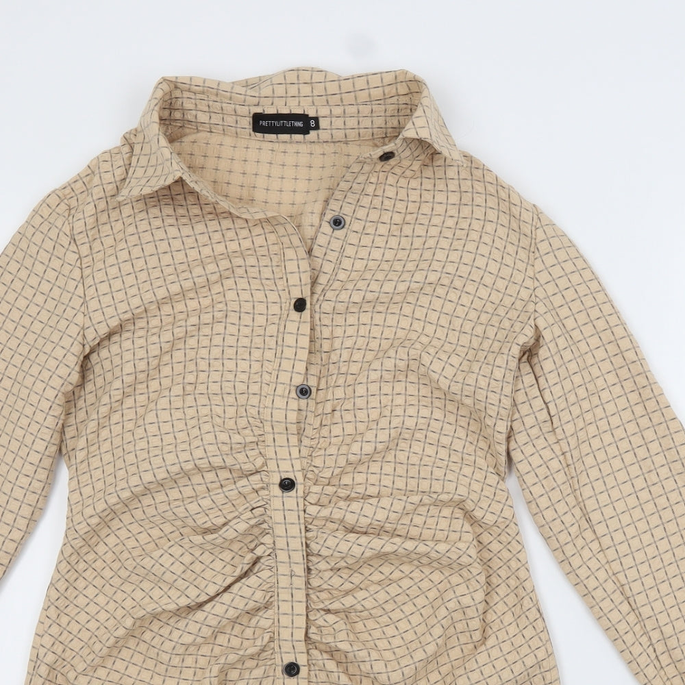 PRETTYLITTLETHING Womens Beige Check Polyester Shirt Dress  Size 8 Collared