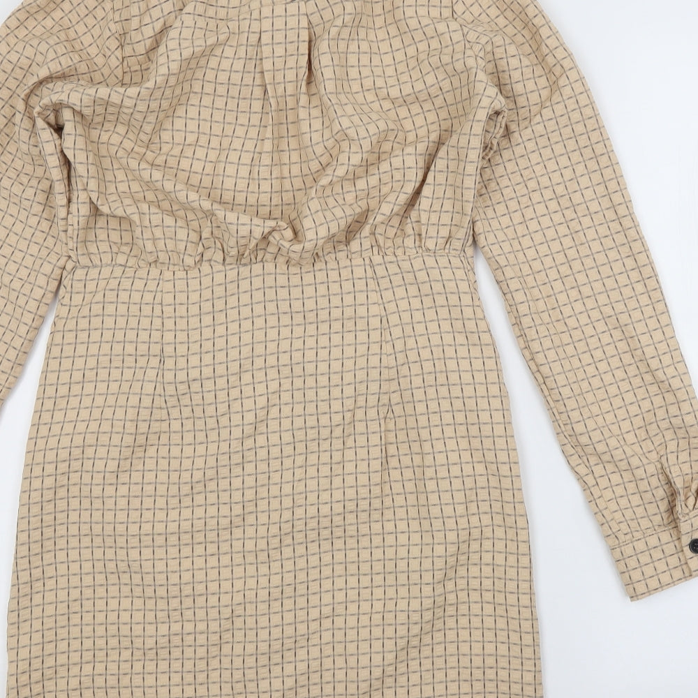 PRETTYLITTLETHING Womens Beige Check Polyester Shirt Dress  Size 8 Collared