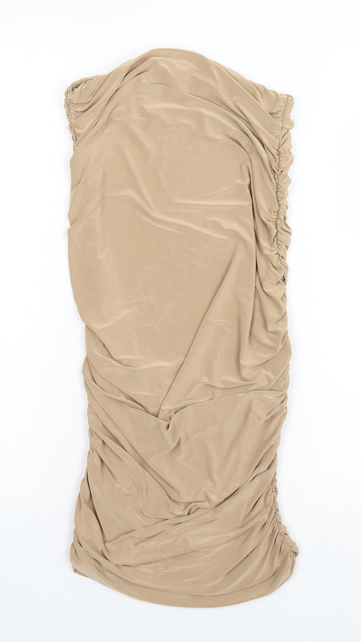 Boohoo Womens Beige  Polyester Pencil Dress  Size 10 Off the Shoulder